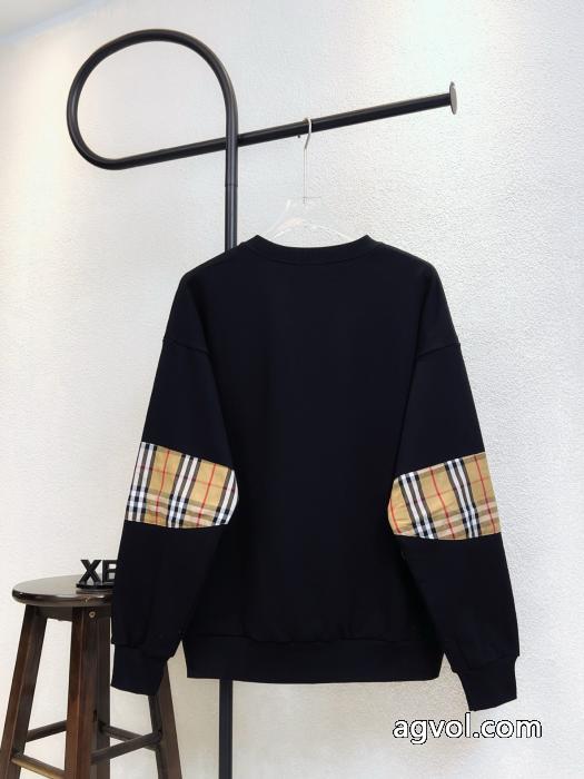 BURBERRY胸ポケットアルファベット刺繍腕チェックステッチクルーネックパーカー_0_1