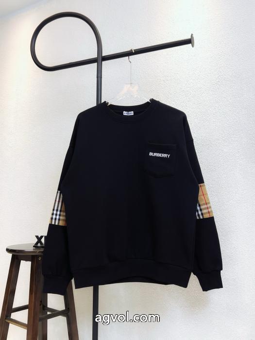 BURBERRY胸ポケットアルファベット刺繍腕チェックステッチクルーネックパーカー_0_4