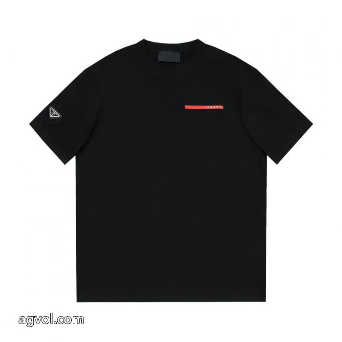 独占最高品質バージョンprada家ロゴ凹凸アルファベットラウンドネック半袖Tシャツ_0_3