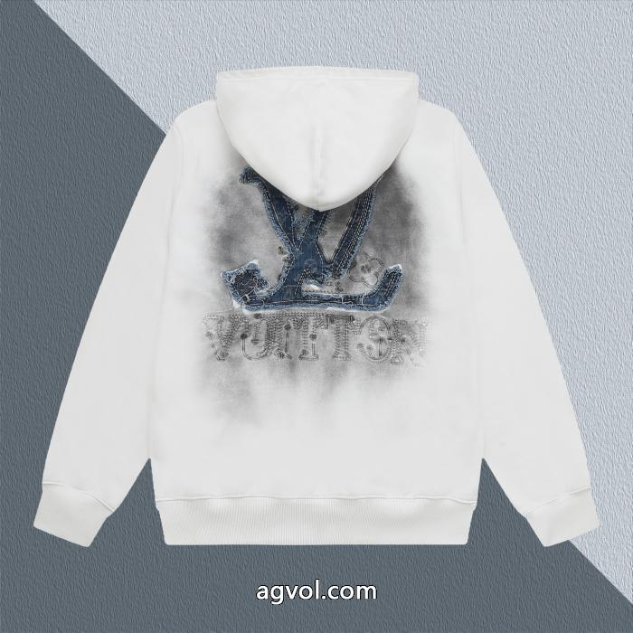 LV爆金定番重工業洗濯デニム刺繍LOGO衛衣男女上着カバーヘッド衛衣_0_2