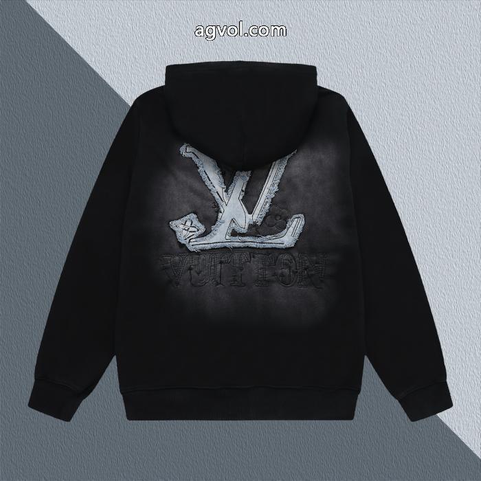 LV爆金定番重工業洗濯デニム刺繍LOGO衛衣男女上着カバーヘッド衛衣_0_3
