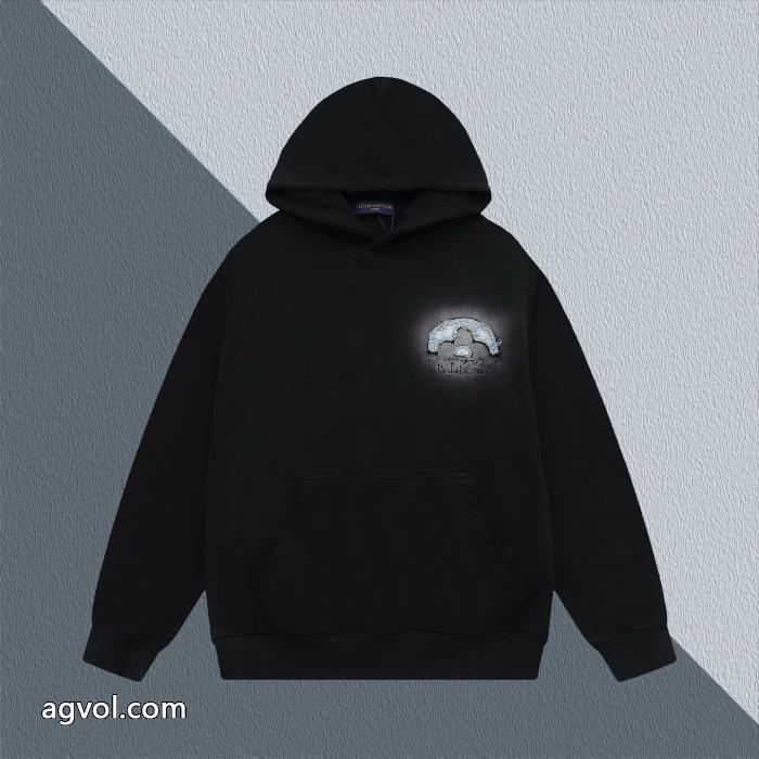LV爆金定番重工業洗濯デニム刺繍LOGO衛衣男女上着カバーヘッド衛衣_0_5