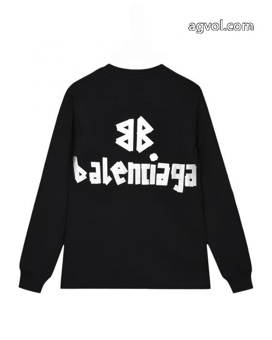 BALENCIAGA秋冬新作ヘッダー付き丸首水洗い旧長袖Tシャツ男女同型_0_2