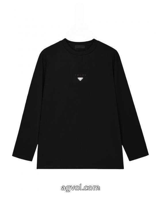 PRADA2025 Fw秋冬新作胸元メタル三角ロゴエンボスアルファベット男女同型ヘッダー丸首長袖Tシャツ_0_3