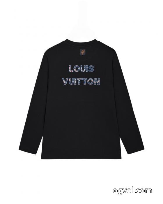 Louis Vuitton背中胸のカラー雲に布刺繍ジャカードアルファベットロゴ男女同型ヘッダー丸首長袖Tシャツ_0_5