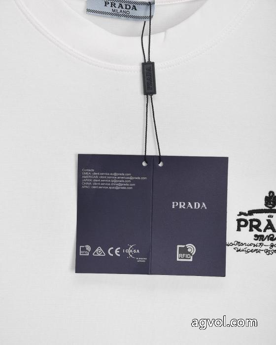PRADA前後定番ジャカード高密度刺繍カバーヘッド丸首長袖Tシャツ_0_0