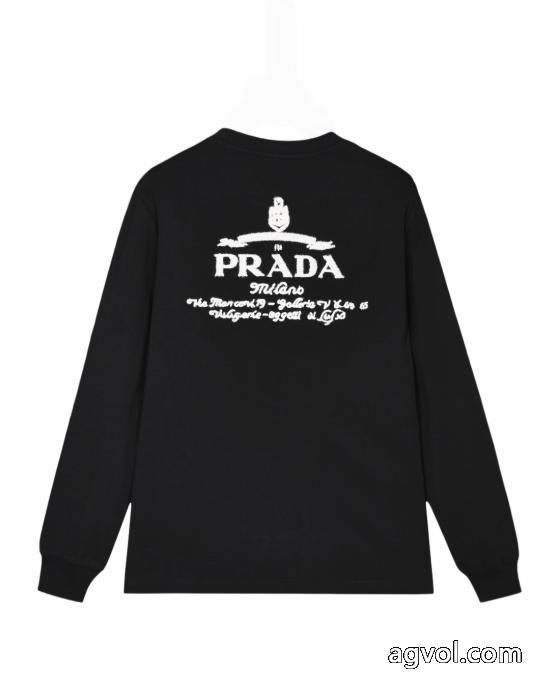 PRADA前後定番ジャカード高密度刺繍カバーヘッド丸首長袖Tシャツ_0_3