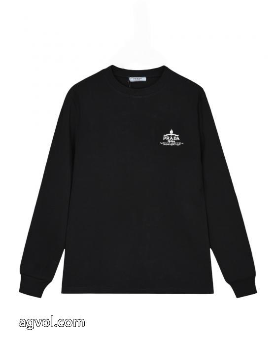 PRADA前後定番ジャカード高密度刺繍カバーヘッド丸首長袖Tシャツ_0_4