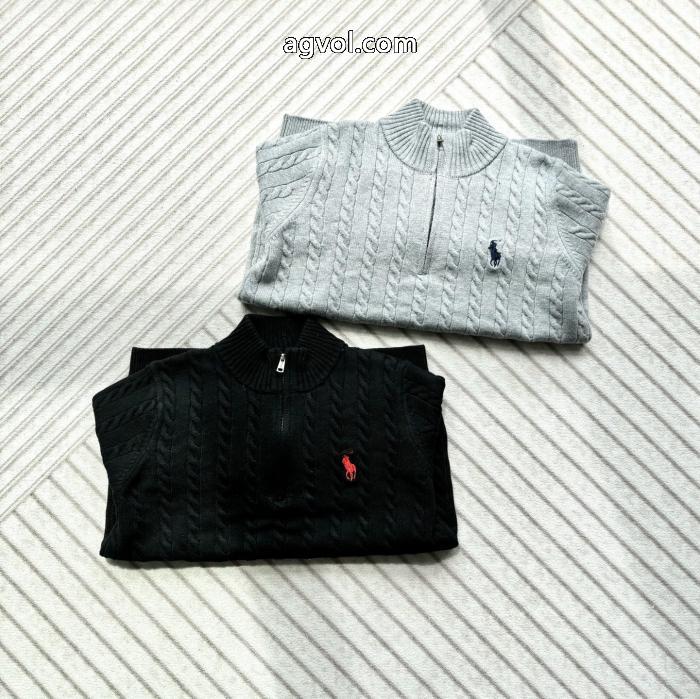 Ralph Laurenポニー刺繍ハーフジッパースタンドカラー純色麻編みセーター_0_0