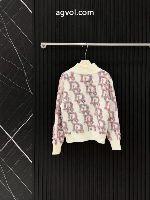 Diorネオンカラーグラデーションアルファベットジャカードファスナースタンドネックニットカーディガンコート_0_0