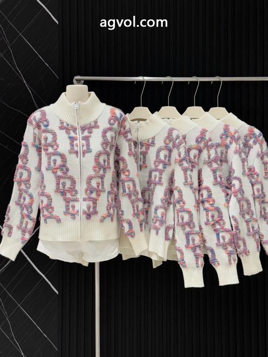 Diorネオンカラーグラデーションアルファベットジャカードファスナースタンドネックニットカーディガンコート_0_1