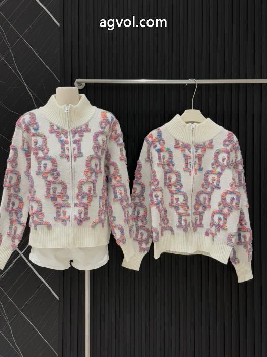 Diorネオンカラーグラデーションアルファベットジャカードファスナースタンドネックニットカーディガンコート_0_2
