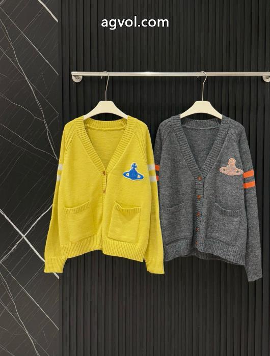 Vivienne Westwoodサターンタオル刺繍布当て色棒ポケットVネック長袖パイルニットカーディガン_0_0