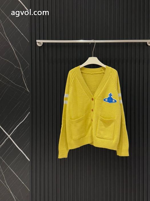 Vivienne Westwoodサターンタオル刺繍布当て色棒ポケットVネック長袖パイルニットカーディガン_0_1