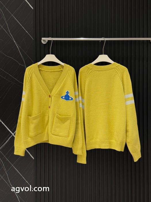 Vivienne Westwoodサターンタオル刺繍布当て色棒ポケットVネック長袖パイルニットカーディガン_0_2