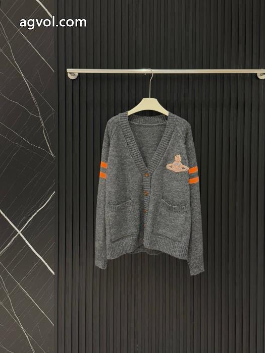 Vivienne Westwoodサターンタオル刺繍布当て色棒ポケットVネック長袖パイルニットカーディガン_0_3
