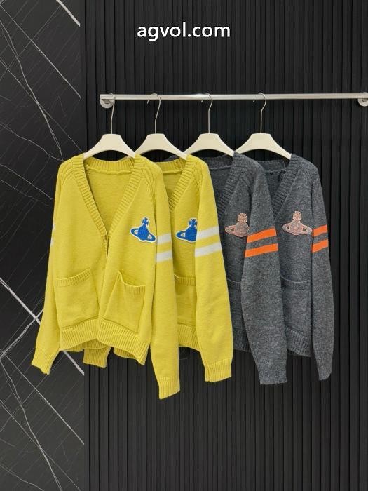 Vivienne Westwoodサターンタオル刺繍布当て色棒ポケットVネック長袖パイルニットカーディガン_0_4