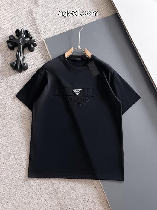 pradaクラシックVチップ+カスタム三角標工芸半袖Tシャツ男女同型_0_0