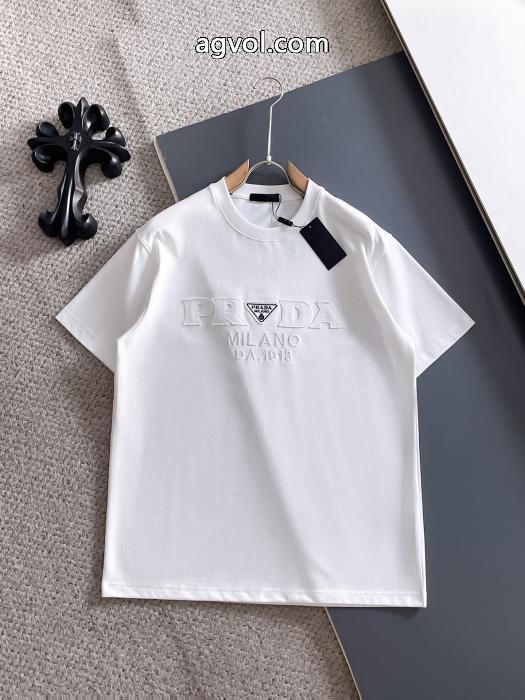 pradaクラシックVチップ+カスタム三角標工芸半袖Tシャツ男女同型_0_3