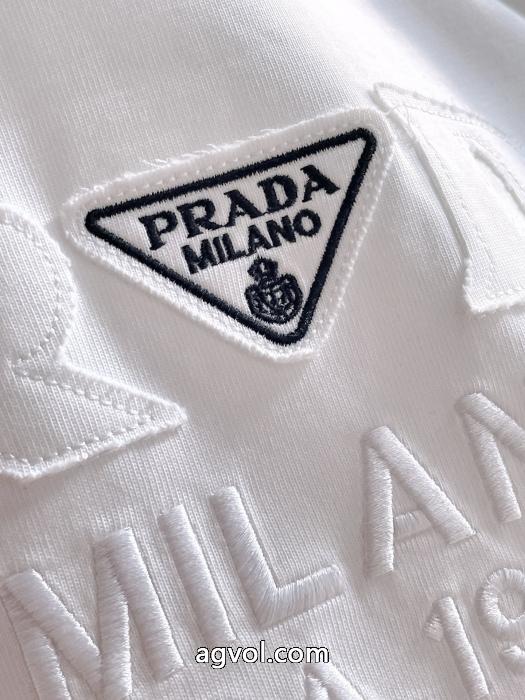 pradaクラシックVチップ+カスタム三角標工芸半袖Tシャツ男女同型_0_5