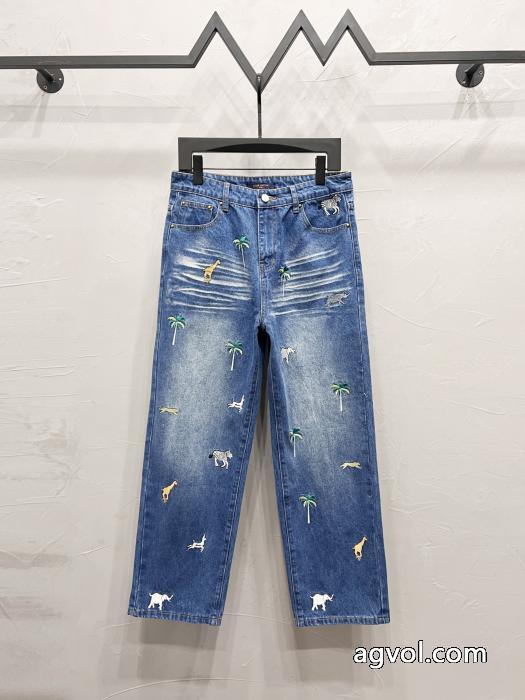 LOUIS VUITTON動物風景ロゴ柄刺繍ストレートジーンズ_0_1