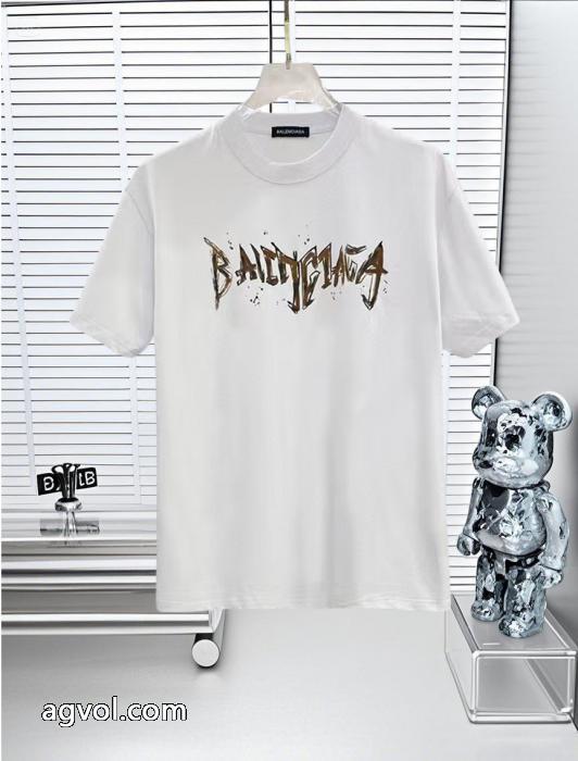 Balenciaga 25 SS高バージョン胸貼りプリントロゴラウンドネック半袖Tシャツ_0_3