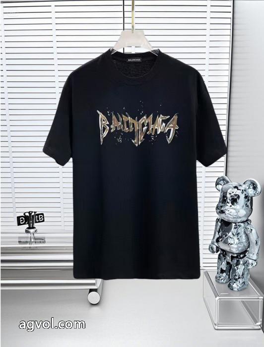 Balenciaga 25 SS高バージョン胸貼りプリントロゴラウンドネック半袖Tシャツ_0_4