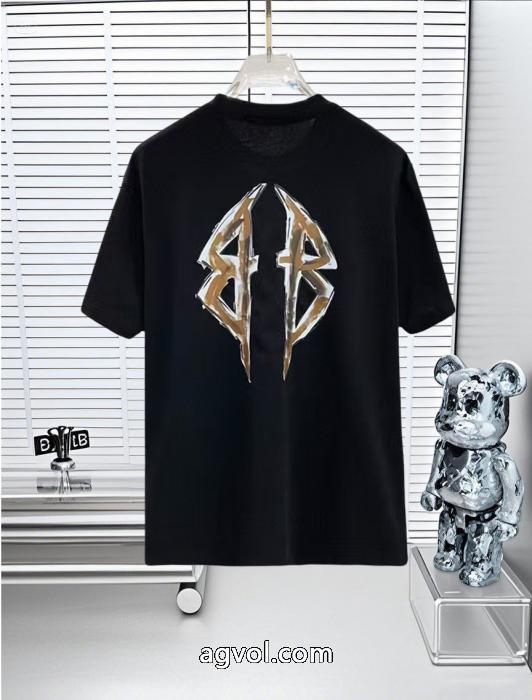 Balenciaga 25 SS高バージョン胸貼りプリントロゴラウンドネック半袖Tシャツ_0_5