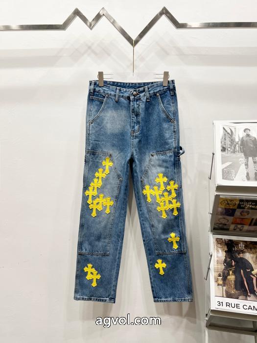 CHROME HEARTS2025新限定伐木黄色十字架合皮カップル水洗ジーンズ_0_0