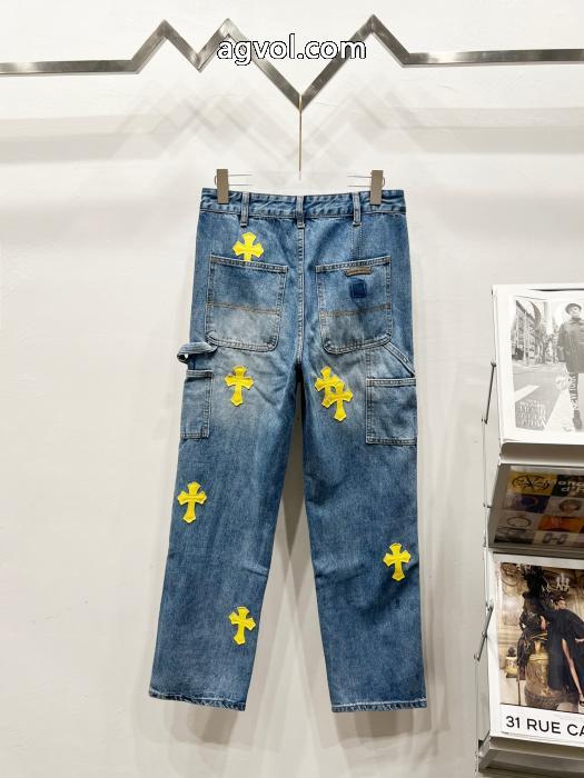 CHROME HEARTS2025新限定伐木黄色十字架合皮カップル水洗ジーンズ_0_1