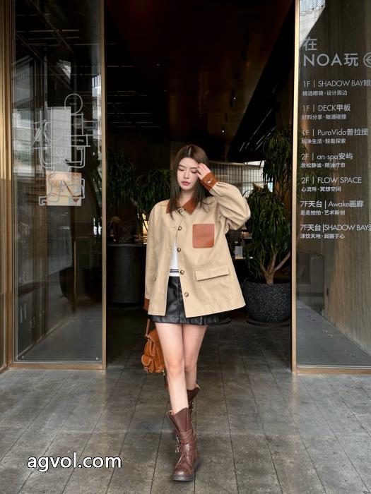 Loeweカスタムアルファベットロゴポケットスエードパッチワークゆったりカジュアルコート_0_1