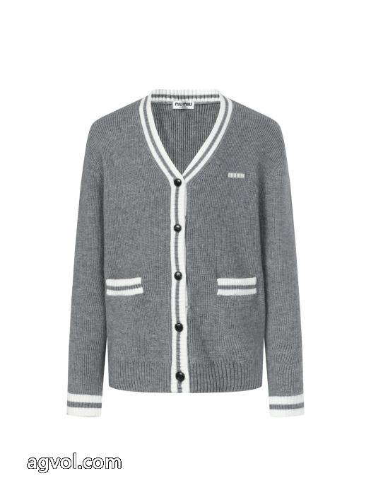 MIuMIu25ssグレー白ボーダーニットカーディガン_0_2