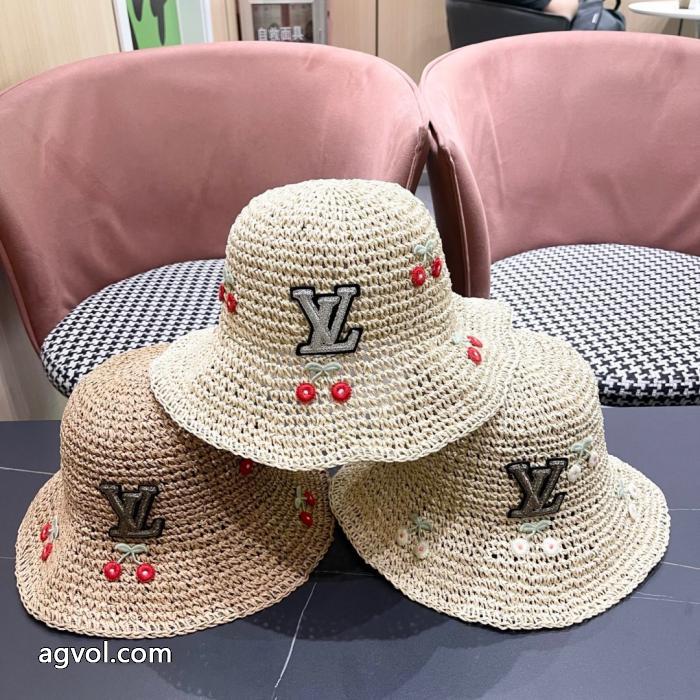 Lv 2025新型かわいいサクランボの草編み日除け漁師帽麦わら帽子_0_0