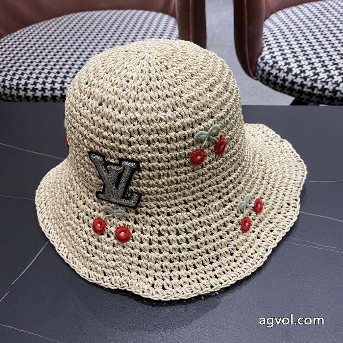 Lv 2025新型かわいいサクランボの草編み日除け漁師帽麦わら帽子_0_1