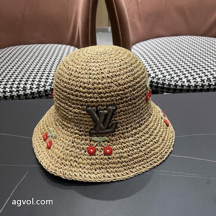 Lv 2025新型かわいいサクランボの草編み日除け漁師帽麦わら帽子_0_4