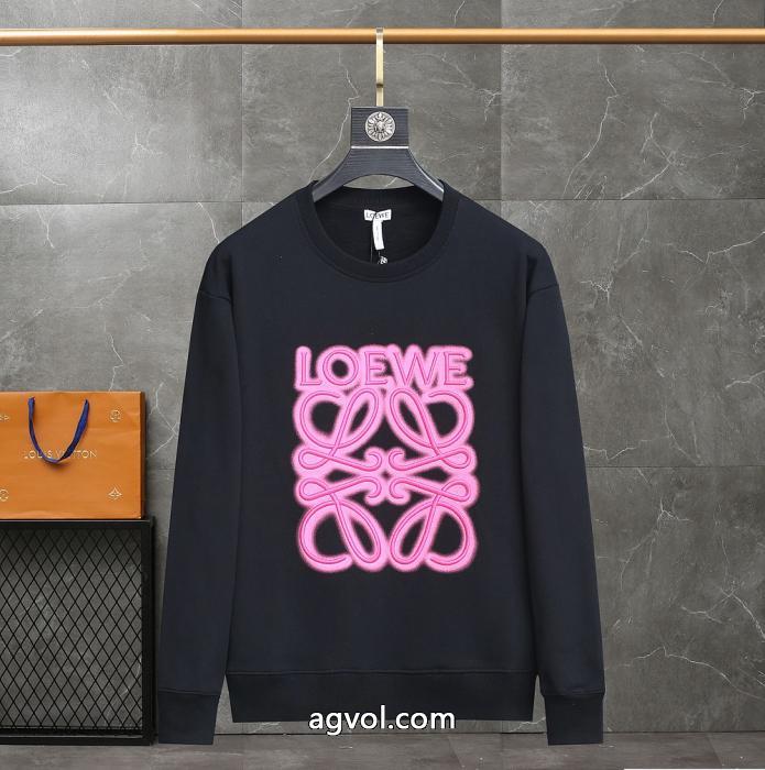 loeweクラシックピンク蛍光刺繍丸首パーカー_0_0