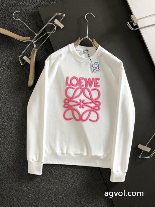 loeweクラシックピンク蛍光刺繍丸首パーカー_0_1