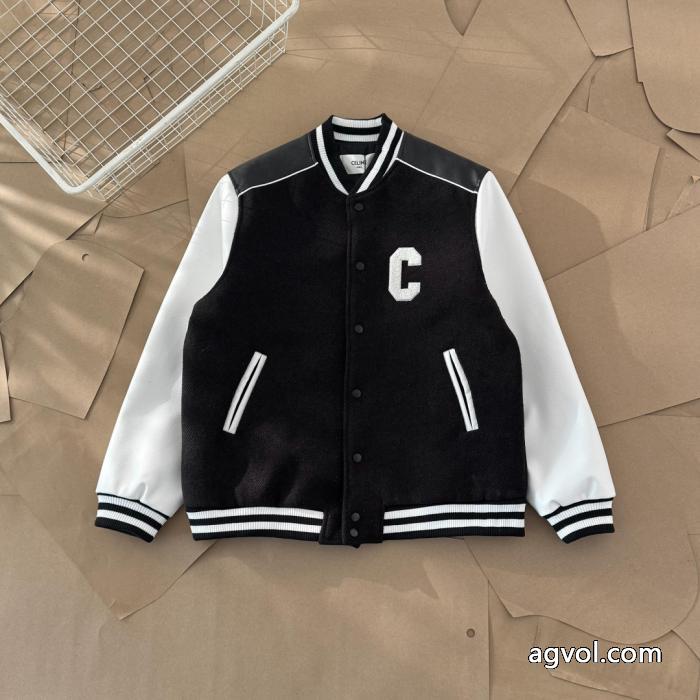 Celine2025 ssランニングモデルアカデミア風ブラックレッドクラッシュカラー野球ウェアジャケット_0_1