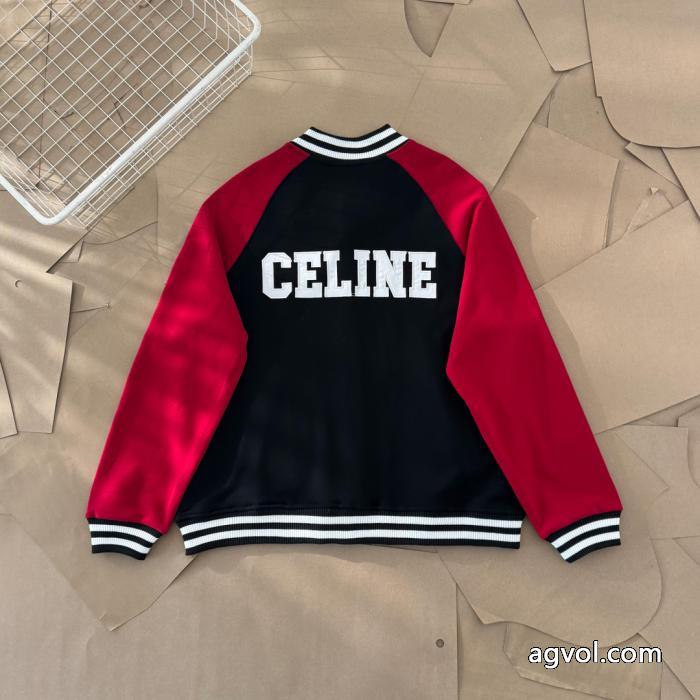 Celine2025 ssランニングモデルアカデミア風ブラックレッドクラッシュカラー野球ウェアジャケット_0_8