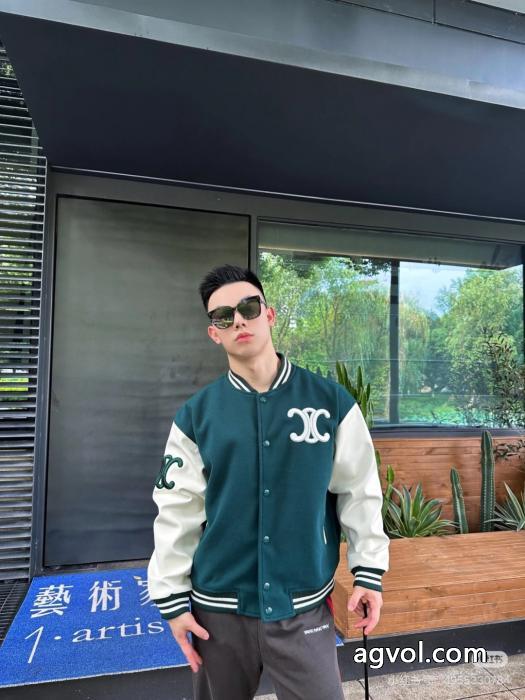 Celine2025 ssランニングモデル学院風緑と白のぶつかり色の野球服ジャケット_0_0
