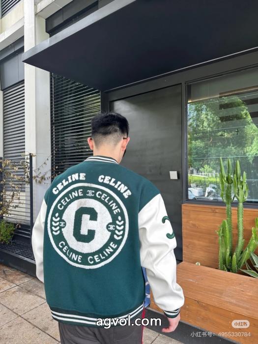 Celine2025 ssランニングモデル学院風緑と白のぶつかり色の野球服ジャケット_0_2