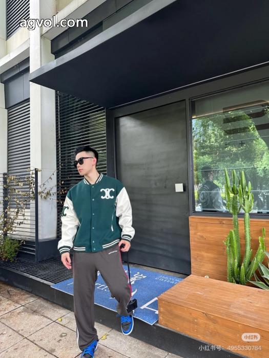 Celine2025 ssランニングモデル学院風緑と白のぶつかり色の野球服ジャケット_0_3