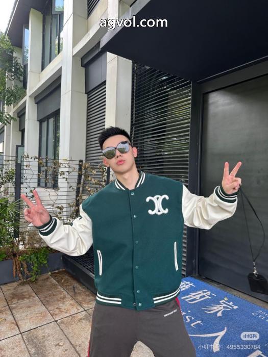 Celine2025 ssランニングモデル学院風緑と白のぶつかり色の野球服ジャケット_0_4