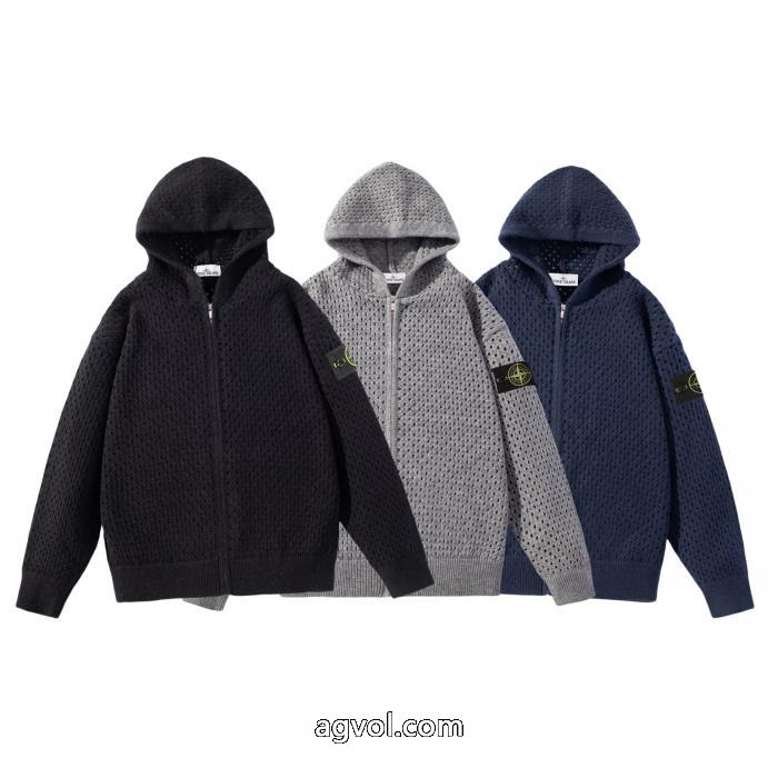 STONE ISLANDエンブレム透かし連帽ジッパーニットカーディガンコート_0_0