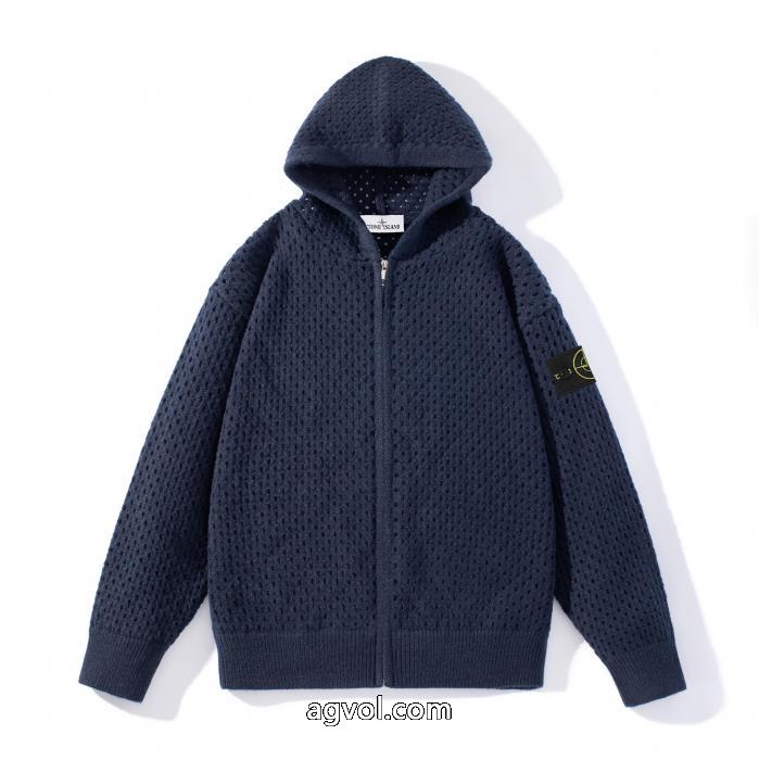 STONE ISLANDエンブレム透かし連帽ジッパーニットカーディガンコート_0_1
