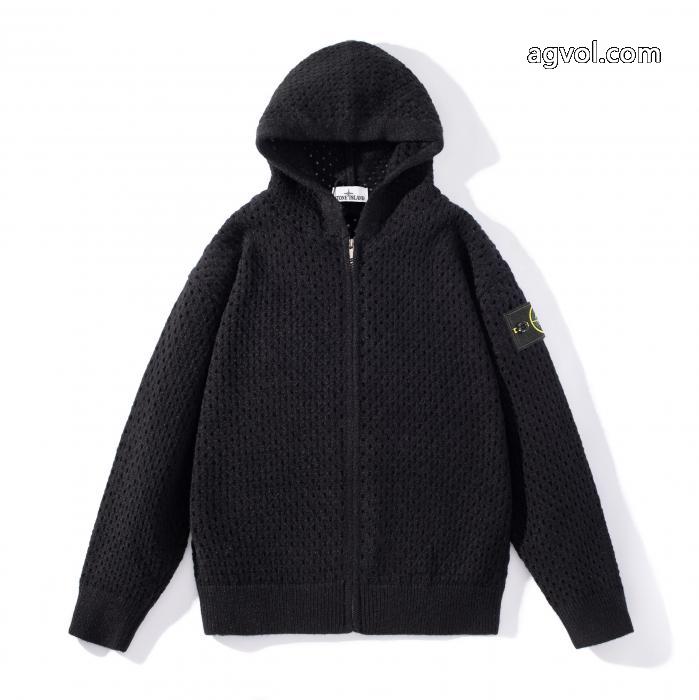 STONE ISLANDエンブレム透かし連帽ジッパーニットカーディガンコート_0_2
