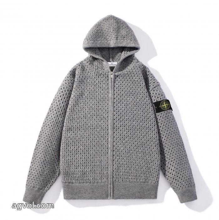 STONE ISLANDエンブレム透かし連帽ジッパーニットカーディガンコート_0_4