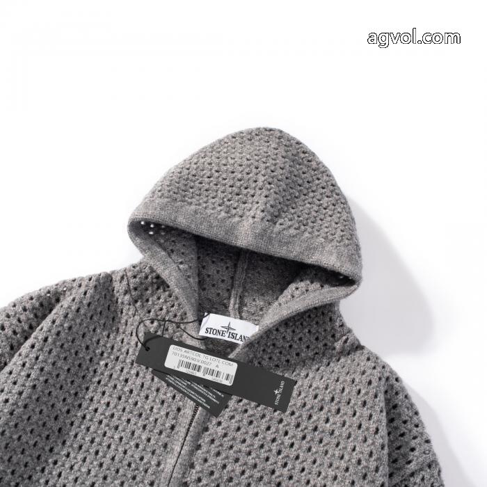 STONE ISLANDエンブレム透かし連帽ジッパーニットカーディガンコート_0_5