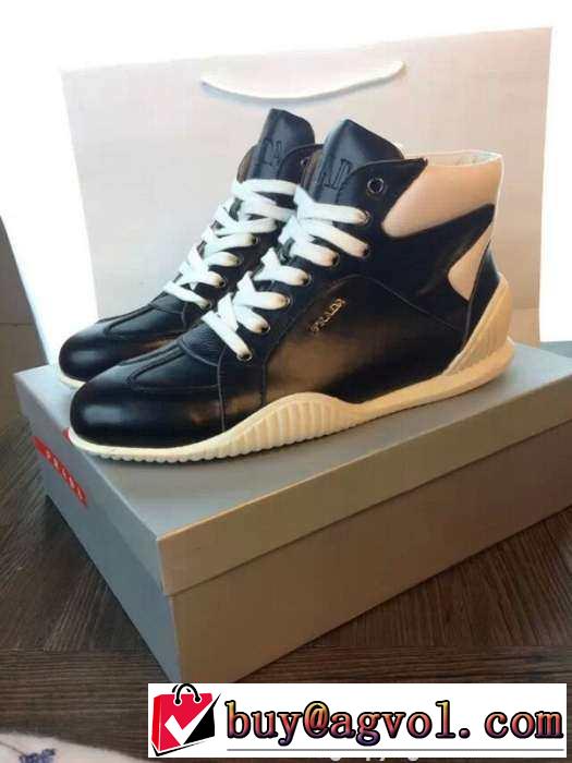 完璧な白黒の結合！2015 PRADA プラダ ハイカットスニーカー 2色可選 抗菌?防臭加工